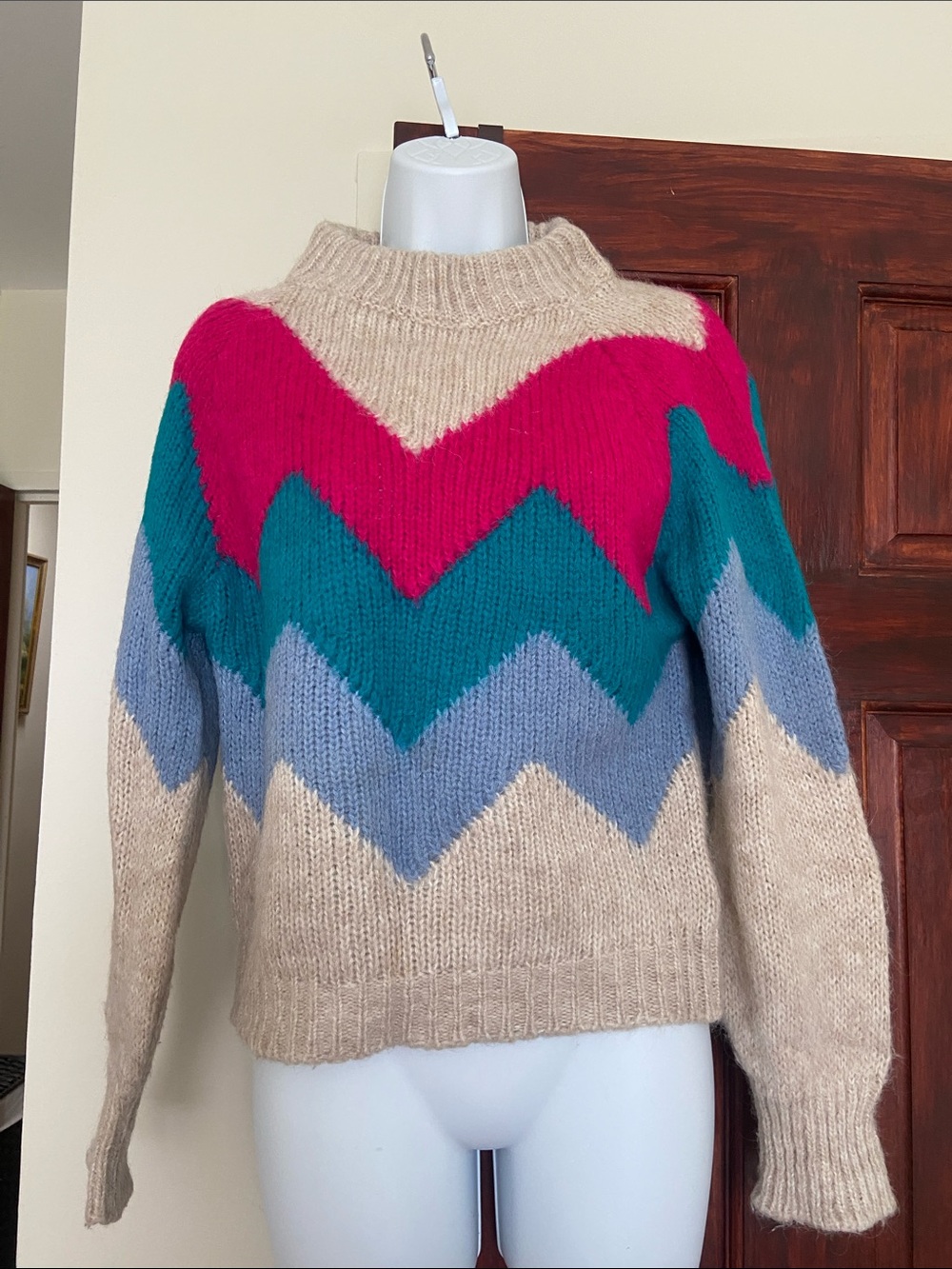 Beige Chevron Knit Sweater with Pink, Teal and Blue Accents